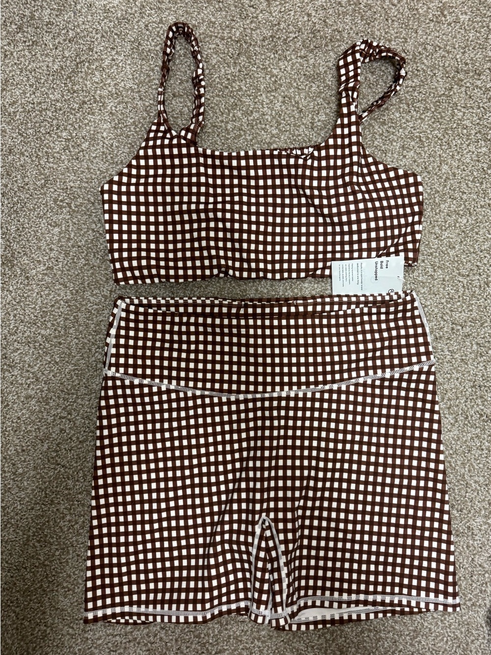 Brown Gingham Bike Shorts & Crop Top Set